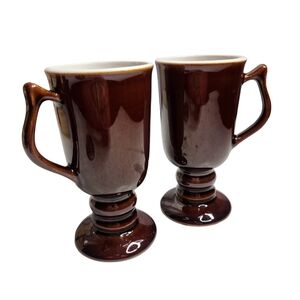 Two Irish Coffee Mugs Footed Pedestal Base Hall Mugs Ceramic USA Brown